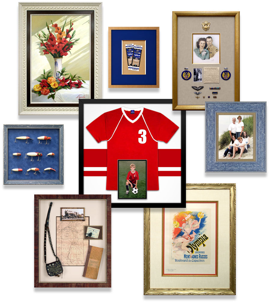 Examples of custom framing including artwork, sports jerseys, memorabilia, maps, and family photos.