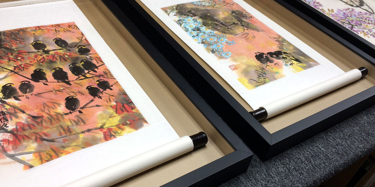 Mounted scroll artwork displayed in a custom shadowbox frame.
