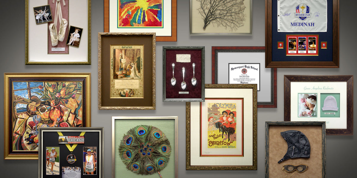 Custom picture framing examples including artwork, sports memorabilia, certificates, and shadowboxes by Masterpiece Framing.