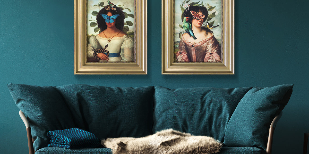 Custom picture framing for artwork displayed in a residential living space.