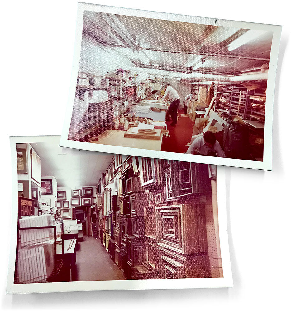 Two archival photographs of Goods of Evanston showing picture framers at work in the original workshop and a showroom filled with custom picture frames.