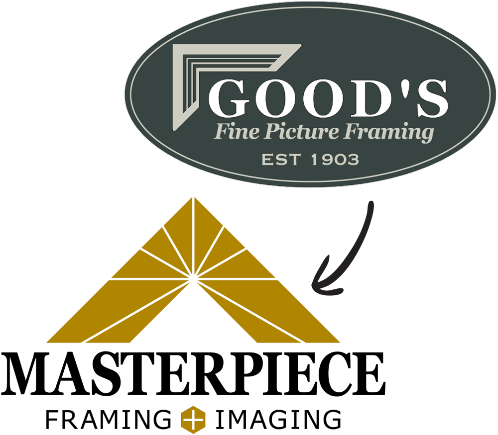 Goods of Evanston's historic logo above the Masterpiece Framing & Imaging logo, connected by an arrow illustrating the transition between the two framing businesses.