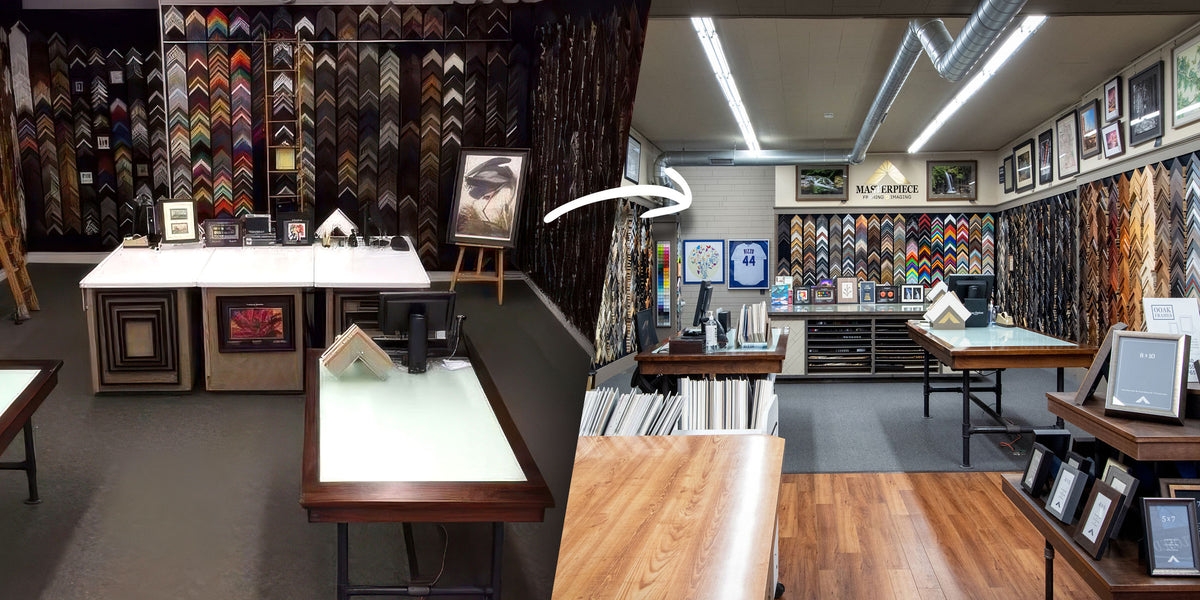 Before-and-after comparison of the Goods of Evanston framing showroom and its transformation into Masterpiece Framing & Imaging, showing updated displays, design counters and flooring.