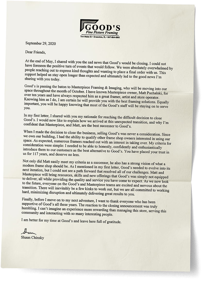 September 29, 2020 letter from Goods of Evanston owner Shaun Chinsky announcing the transition of the 117-year-old framing business to Masterpiece Framing & Imaging.