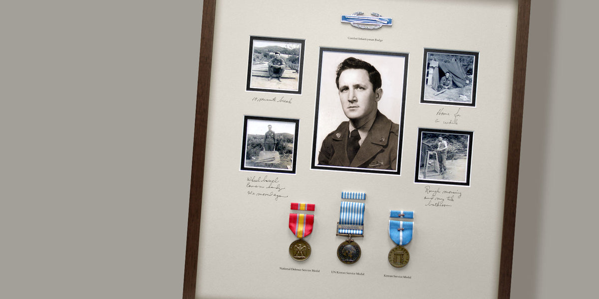 Custom framing for military portrait and service medals in a shadowbox display.