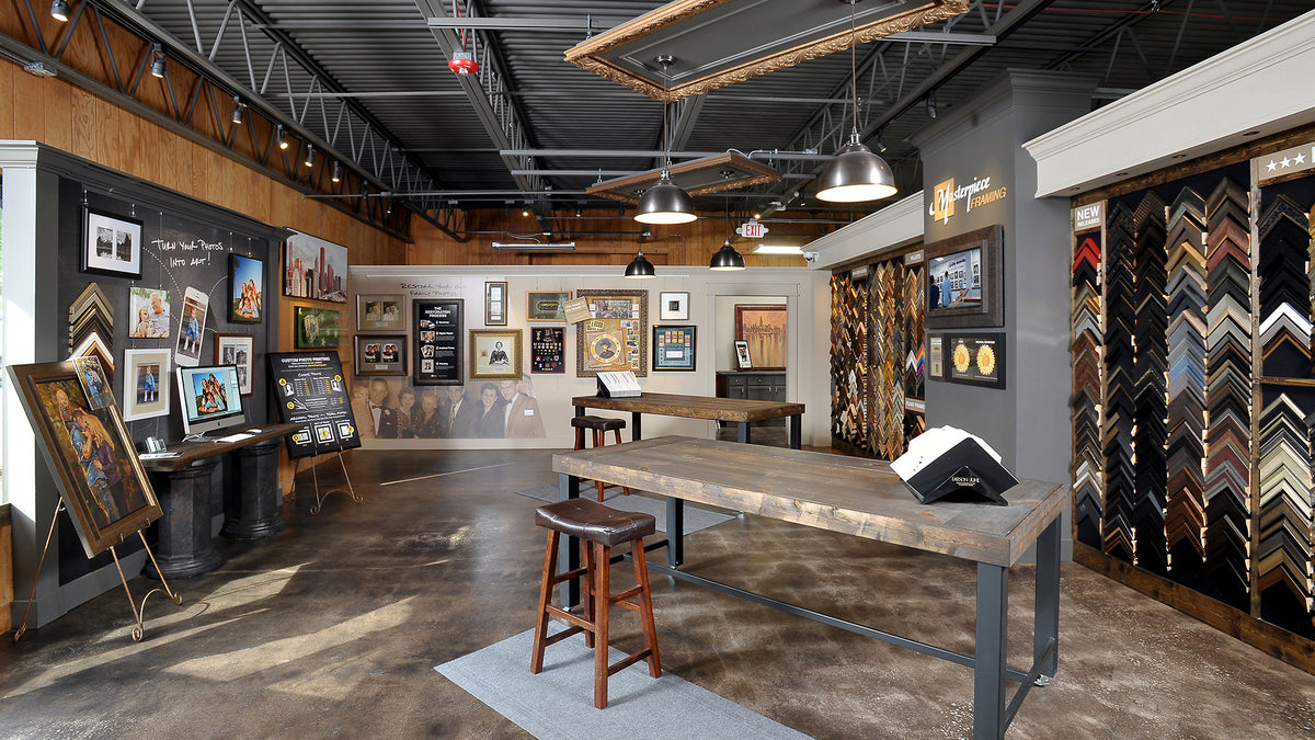 Custom picture framing showroom at Masterpiece Framing + Imaging in Illinois.
