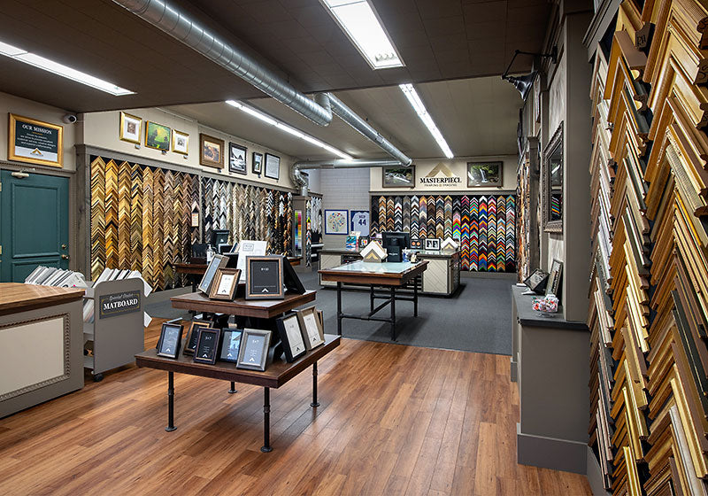 Interior of Masterpiece Framing Evanston location, acquired in 2020 and reimagined with a focus on craft and service.