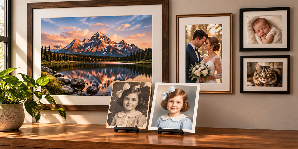 Custom framed photographs featuring landscape, wedding, baby, and pet portraits, alongside a before-and-after example of photo restoration by Masterpiece Framing + Imaging.