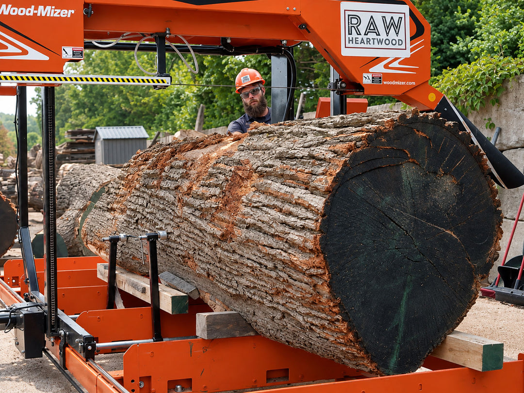 Large oak log milled at a local sawmill for use in custom picture frame production.